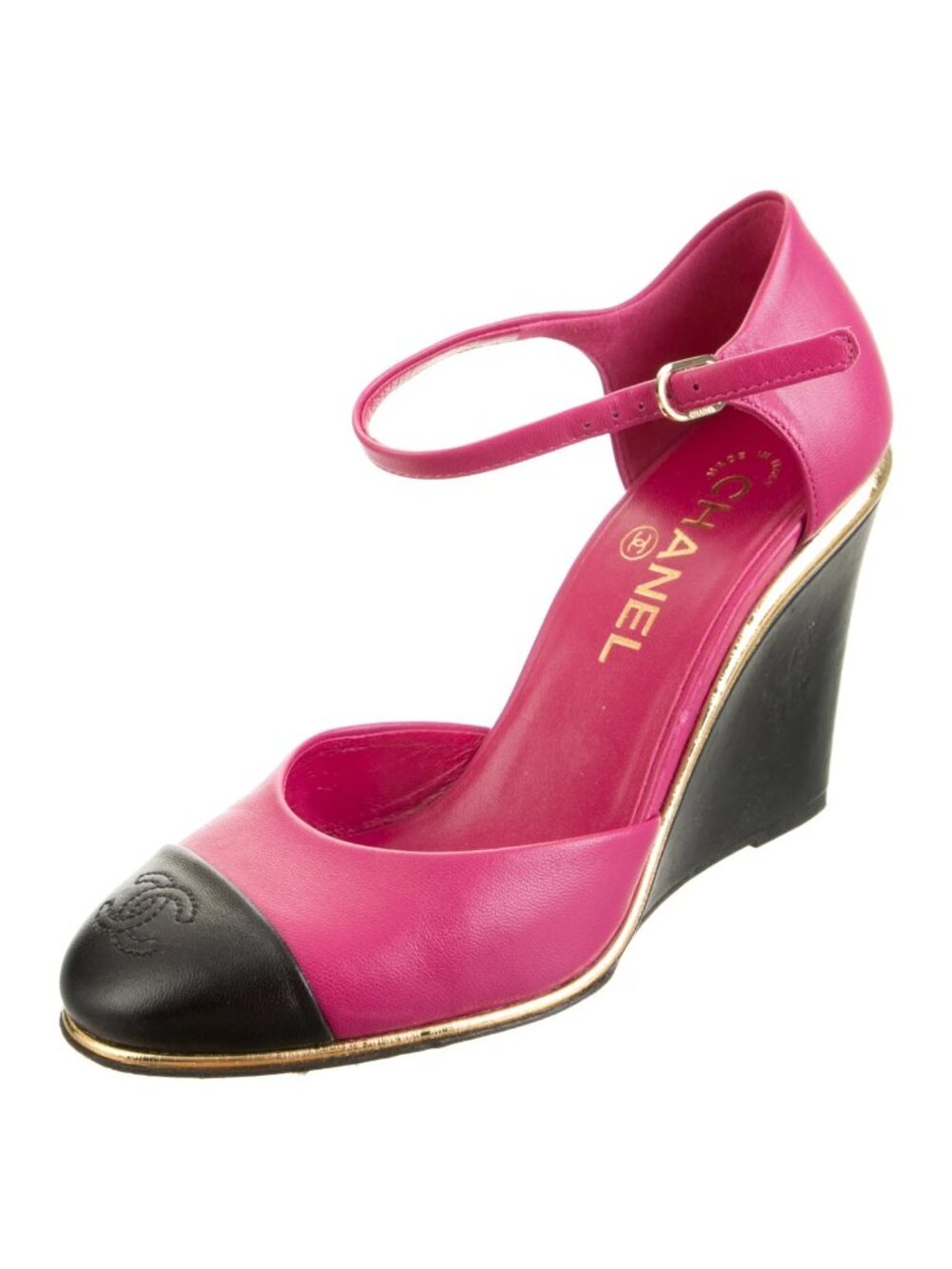 CHANEL Leather Pumps Wedges Interlocking CC Logo Pink Black Ankle Strap 38